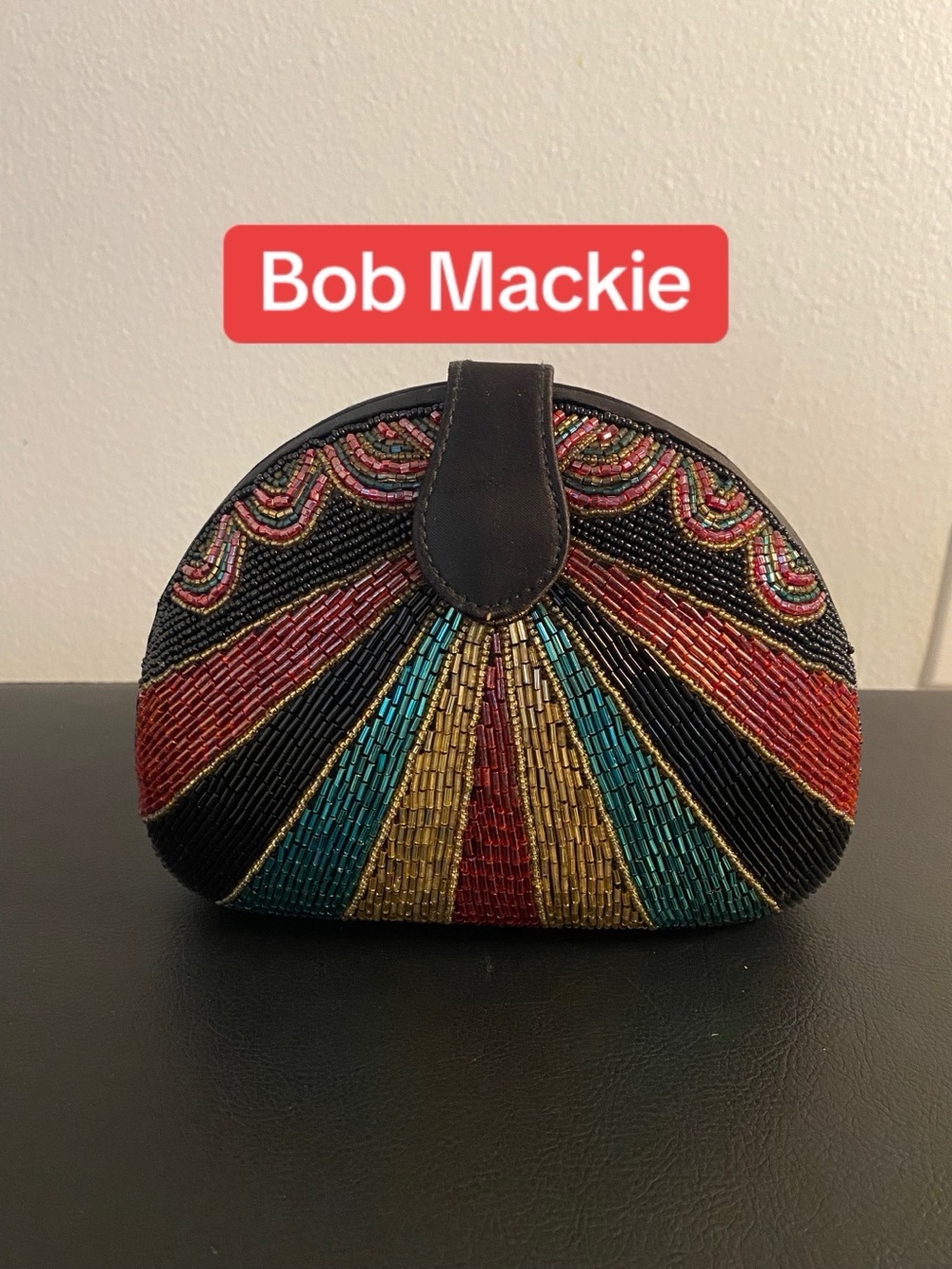 Bob Mackie Black Beaded Multicolor Fan-Pattern Clutch
